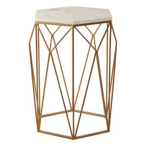Shalom Hexagonal White Marble Top Side Table With Gold Frame
