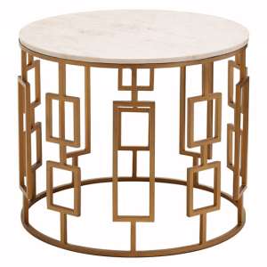 Shalom Round White Marble Top Side Table With Gold Frame