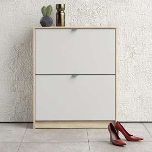Shovy Wooden Shoe Cabinet In White And Oak With 2 Doors 2 Layers
