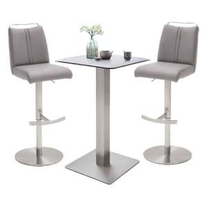 Soho Glass Bar Table With 2 Giulia Ice Grey Leather Stools