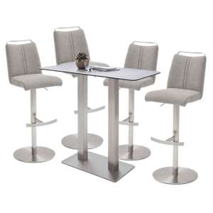 Soho Glass Bar Table With 4 Giulia Ice Grey Fabric Stools