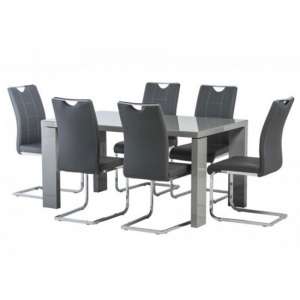 Soho Glass Top Dining Set In Grey High Gloss With 6 Oscar Chairs