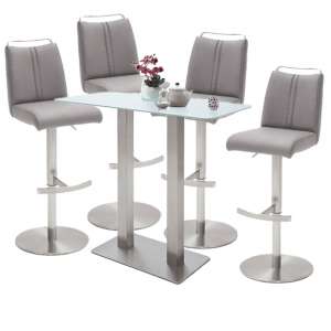 Soho White Glass Bar Table With 4 Giulia Ice Grey Leather Stool