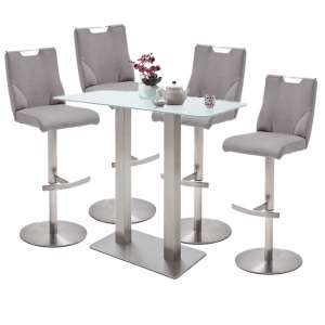 Soho White Glass Bar Table With 4 Jiulia Ice Grey Leather Stool