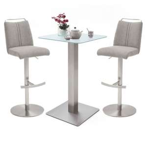 Soho White Glass Bar Table With 2 Giulia Ice Grey Fabric Stools