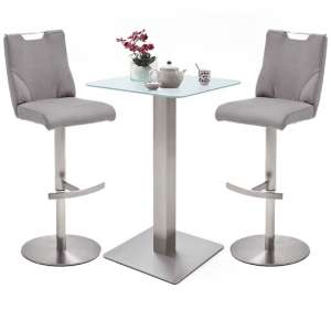 Solo White Glass Bar Table With 2 Jiulia Ice Grey Leather Stools