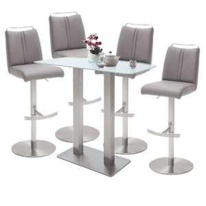 Soho White Glass Bar Table 4 Giulia Leather Ice Grey Stools