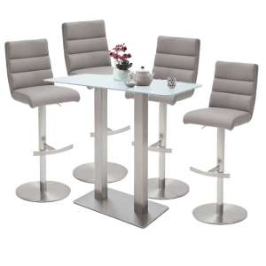 Soho White Glass Bar Table With 4 Hiulia Ice Grey Leather Stool