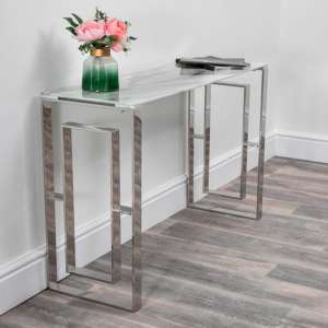 Solana Marble Effect Glass Top Console Table With Silver Frame
