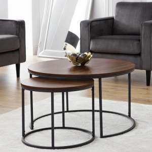 Solero Set Of Coffee Tables Round In Walnut With Metal Legs