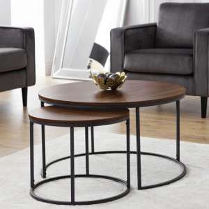 Barnett Set Of Coffee Tables Round In Walnut With Metal Legs
