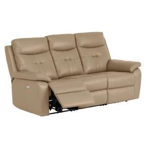 Sotra Leather Electric Recliner 3 Seater Sofa In Light Stone