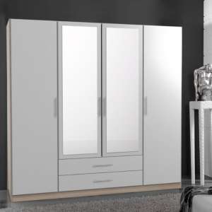 Spectral Mirrored 4 Door Wardrobe In White And Oak With 2 Drawer