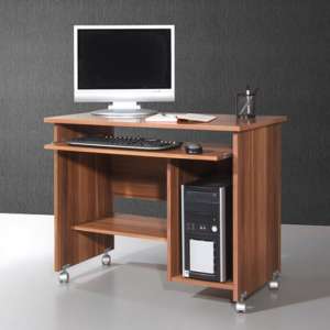 Compact Wooden Computer Trolley In Walnut With Rollers