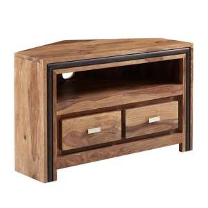 Spica Wooden Corner TV Stand In Natural Sheesham With 2 Drawers