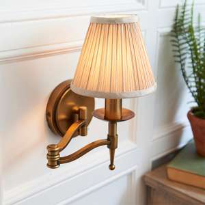 Stanford Swing Arm Wall Light In Antique Brass With Beige Shade