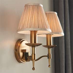 Stanford Twin Wall Light In Antique Brass With Beige Shade