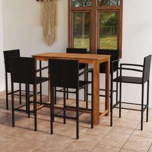 Starla Medium Natural Wooden Bar Table With 6 Black Bar Chairs