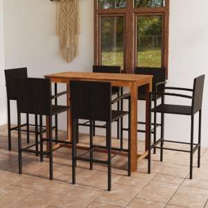Starla Medium Natural Wooden Bar Table With 6 Brown Bar Chairs