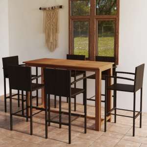 Starla Large Natural Wooden Bar Table With 6 Brown Bar Chairs