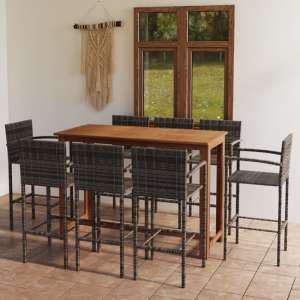 Starla Large Natural Wooden Bar Table With 8 Grey Bar Chairs