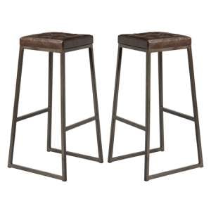 Steeple Raw Metal Frame Brown Faux Leather Bar Stools In Pair