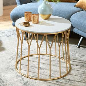 Stockton Round Marble Side Table In White With Gold Metal Frame