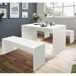 Stratus Wooden Dining Table In White With 2 Dining Benches