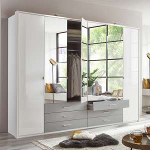 Sumatra Mirrored Wide Wardrobe In White Gloss And Light Grey