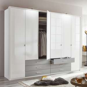 Sumatra Wooden Wide Wardrobe In White Gloss And Light Grey