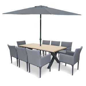 Sutton Dining Set With 8 Armchairs And 3.0M Parasol In Grey