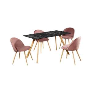 Venoz Dining Table In Black Marble Effect With Pink Chairs