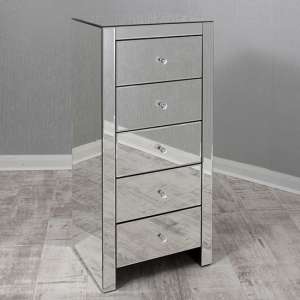 Taara Tall Clear Glass Chest Of 5 Drawers In Mirrored