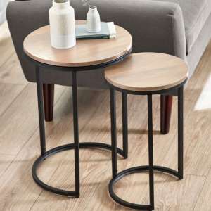 Tacita Round Wooden Nest Of Side Tables In Sonoma Oak