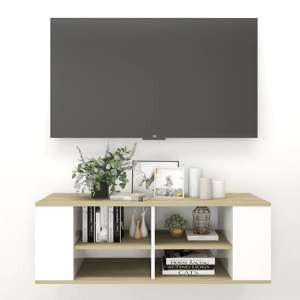 Taisa Wooden Wall Hung TV Stand With Shelves In White Oak