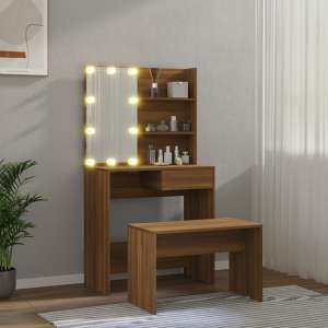 Taite Wooden Dressing Table Set In Brown Oak With LED Lights