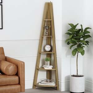 Tarvie Corner Wooden Ladder Style Shelving Unit In Oak