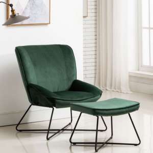 Teagan Velvet Upholstered Accent Chair In Green With Footstool