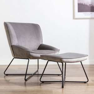 Teagan Velvet Upholstered Accent Chair In Grey With Footstool