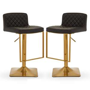 Teki Black Faux Leather Bar Stools With Gold Base In Pair