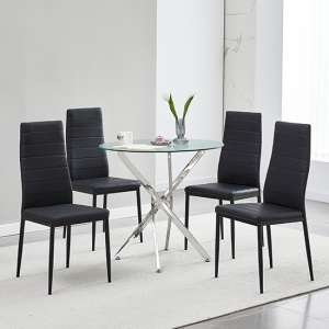 Tania Round Clear Glass Dining Table With 4 Oriel Black Chairs