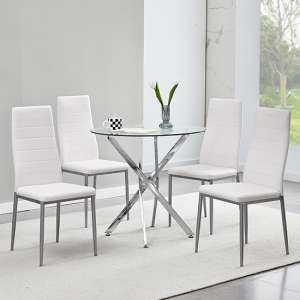Tania Round Clear Glass Dining Table With 4 Oriel White Chairs