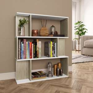 Tenley Wooden Bookcase And Room Divider In White And Sonoma Oak