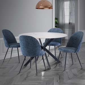 Terri 120cm Italy White Marble Dining Table 4 Raisa Blue Chairs