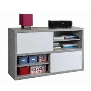 Theon Low Bookcase In Grey And White Gloss With Sliding Doors
