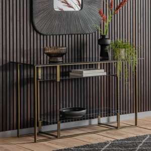 Throwla Black Glass Console Table With Bronze Metal Frame