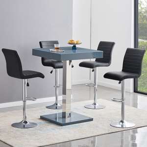 Topaz Glass Grey Gloss Bar Table With 4 Ripple Black Stools