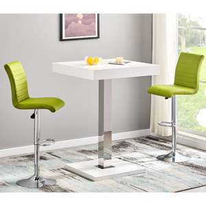 Topaz White High Gloss Bar Table With 2 Ripple Green Stools