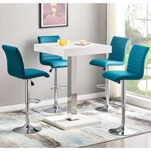 Topaz White High Gloss Bar Table With 4 Ripple Teal Stools