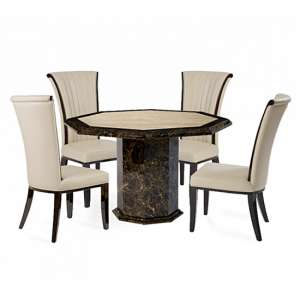 Topix Octagonal Marble Dining Table In Brown With 4 Cream Chairs